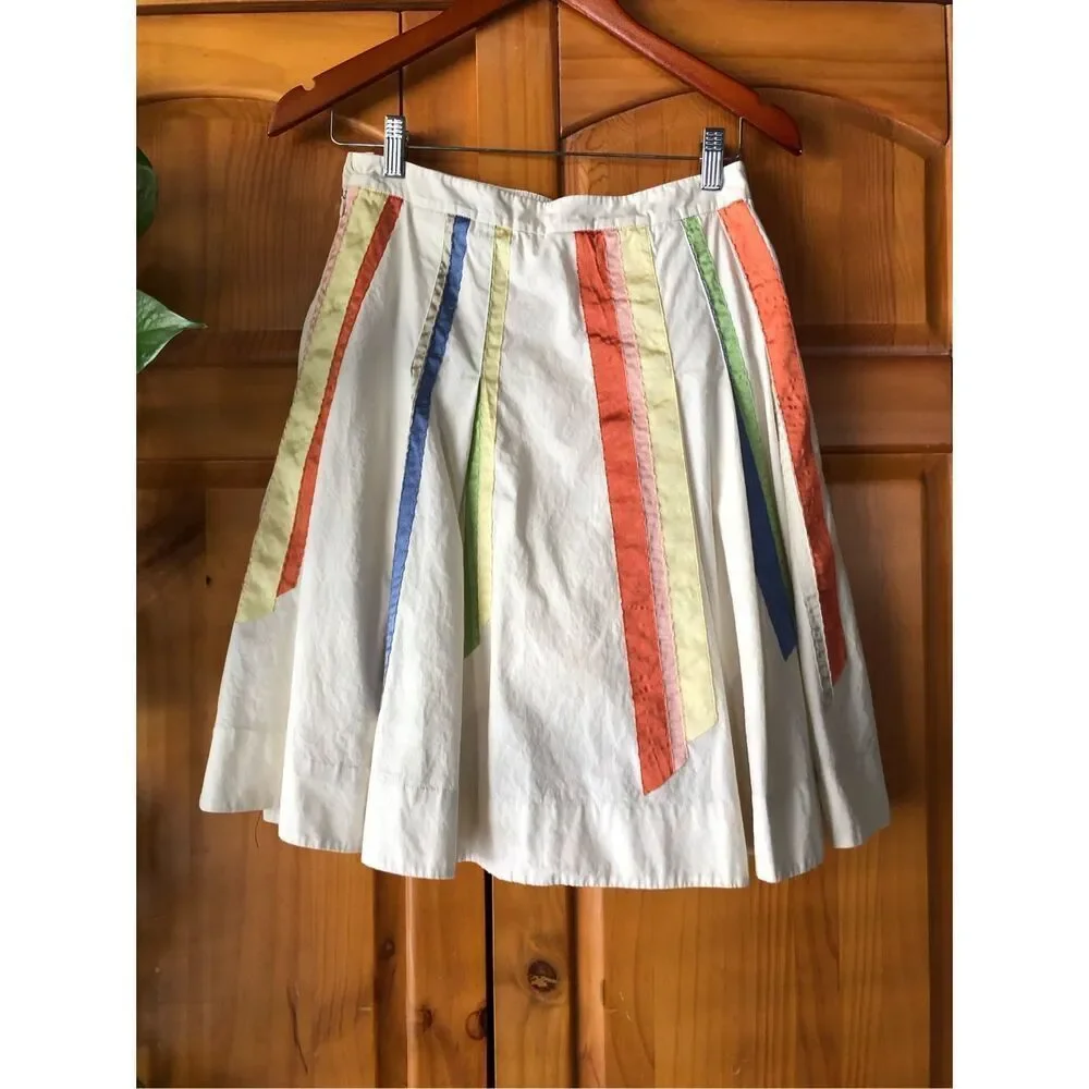 Lithe Cotton A-Line Skirt Size 4 Ivory Multicolor Ribbon Detail